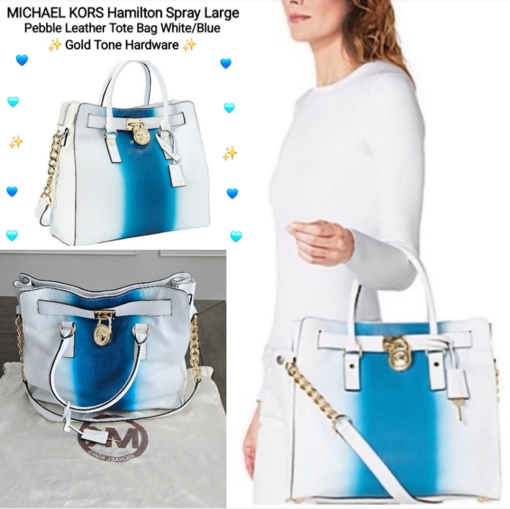 Michael Kors White and Blue Hamilton Tote with Gold Hardware